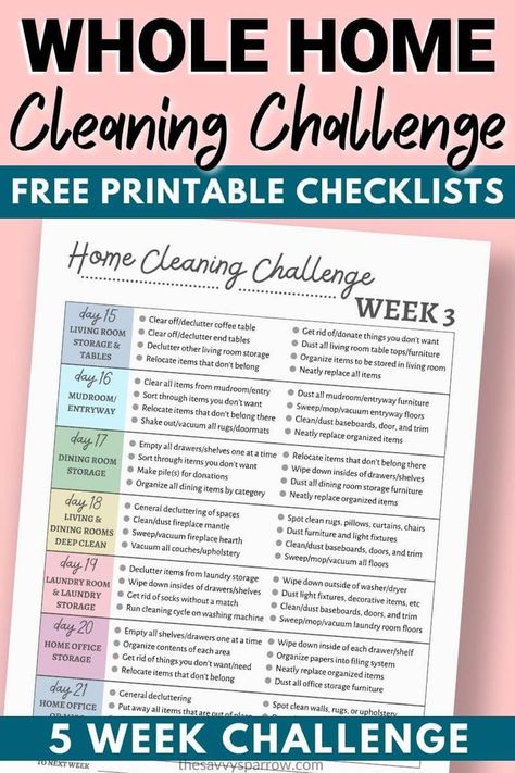 Need free printable cleaning checklists to finally get your house clean? I created this 5 week Whole Home Cleaning Challenge to help myself get my own home clean and I'm sharing it with you! Grab the free printable cleaning challenge to help you declutter, organize, and deep clean your house now! Zone Cleaning Printable, Cleaning By Room Check Lists, Deep Cleaning House Checklist Monthly, House Chores List Cleaning Routines Free Printable, Free House Cleaning Printables, Cleaning Calendar Printable Free, Home Organization Challenge, Cleaning Planner Ideas, Declutter Calendar Free Printables