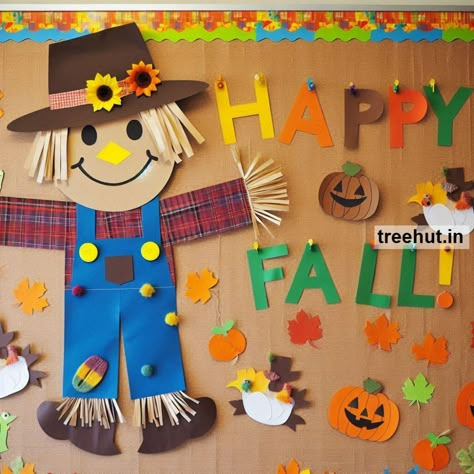 These scarecrow-themed bulletin board ideas and activities will engage students in a variety of subjects while incorporating the fun and festive theme of scarecrows. Harvest Theme Bulletin Board, Classroom Pumpkin Patch Bulletin Board, Fall Bulletin Boards For School, Scarecrow Window Display, Happy Fall Bulletin Board Ideas, Fall School Bulletin Board Ideas, Scare Crow Bulletin Board Ideas, Fall Decoration Classroom Ideas, Fall Mural Preschool