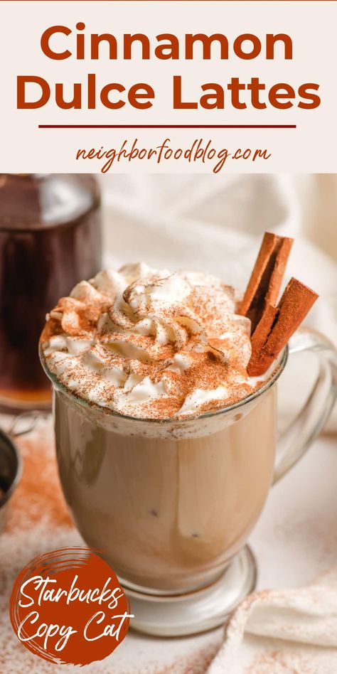 Make this cozy Cinnamon Latte recipe at home for a comforting winter treat. This copy cat of Starbucks' Cinnamon Dulce Latte is easy to recreate at home! Cinnamon Latte Recipe, Starbucks Cinnamon Dolce Latte, Cinnamon Dolce Latte Recipe, Cinnamon Latte, Fall Starbucks, Cinnamon Simple Syrup, Cinnamon Dolce Syrup, Cinnamon Dolce Latte, Cinnamon Dolce