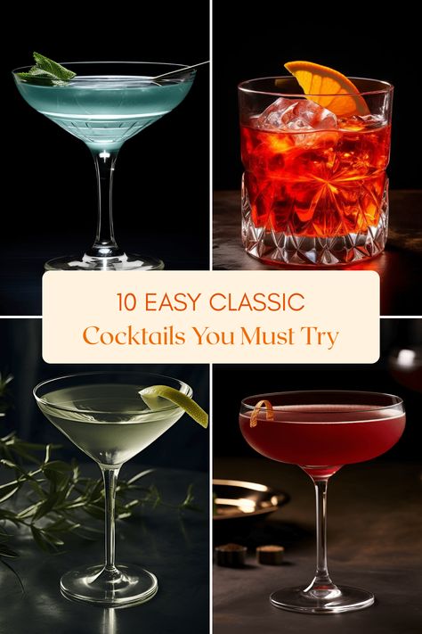 Discover these simple recipes for classic cocktails that you can whip up in just a few minutes. From the timeless Martini to the refreshing Moscow Mule, have a sip of nostalgia! Basic Cocktails Recipes, Easy Tasty Cocktails, Basic Alcoholic Drinks, Vintage Cocktail Recipes, Classic Bar Drinks, Classic Cocktails Recipes, Simple Martini Recipes, Classic Alcoholic Drinks, Classic Martini Recipes