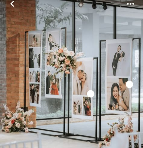 Modern Retro Wedding Decor, Elegant Photo Booth Wedding, Engagement Photos Wedding Display, Displaying Bridal Portraits At Wedding, Creative Flowers Photography, Wedding Photo Hanging Ideas, Photo Wedding Decorations, Large Wedding Decorations, Picture Wedding Decorations