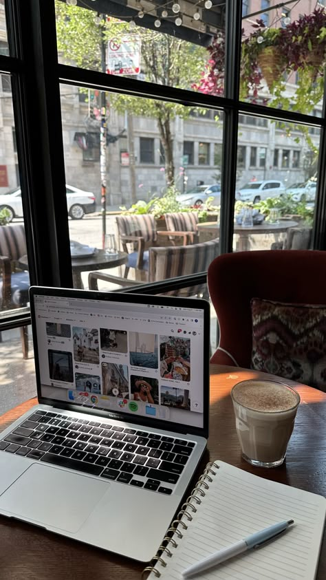 coffee shop with chai tea latte and laptop with notebook and pen Work Cafe, Work Aesthetic, Career Vision Board, Coffee Shop Aesthetic, Uni Life, Work Motivation, Study Motivation Inspiration, Study Aesthetic, Study Inspo