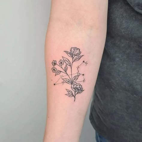 Subtle Leo Constellation With Flowers Tattoo Design Constellation Lion, Small Leo Tattoo, Leo Sign Tattoo, Flowers Tattoo Design, Zodiac Signs Leo Tattoo, Leo Constellation Tattoo, Leo Zodiac Tattoos, Leo Tattoo Designs, Leo Tattoo