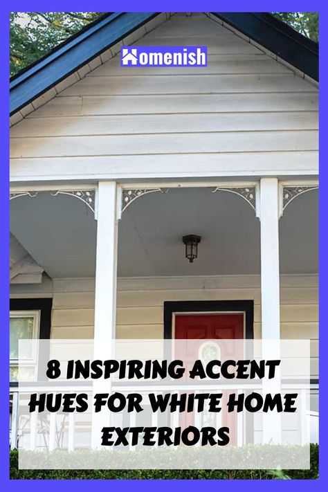 White houses are timeless, but adding an accent color can bring them to life. Discover eight accent hues that can transform your home from simple to striking. Cream Siding With Black Shutters, Exterior Shutters On White House, Trim Color On White House, White House Silver Roof, White Vinyl Siding Ideas Exterior, White House Beige Trim, White House Trim Color Ideas, White Brick House Exterior Black Windows, Roof Colors For White House