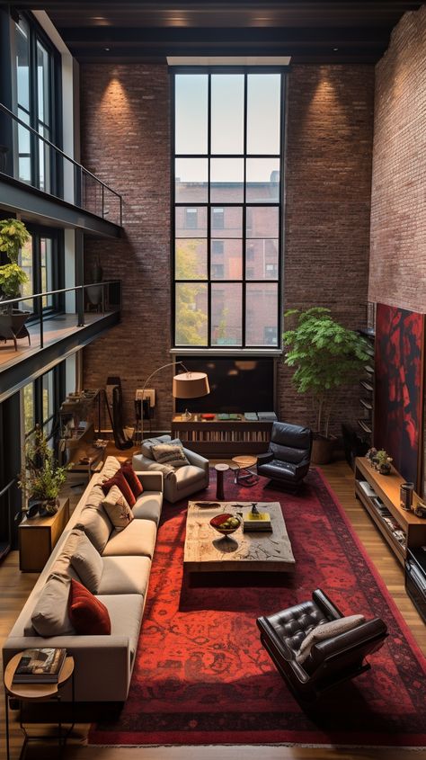 Red Brick Apartment Interior Design, Loaf Apartment, Brick Walls Apartment, Living Room Designs Brick Wall, Interior Design Natural Light, New York Loft Apartment Industrial Exposed Brick, Modern Brick House Interior, Retro Loft Apartment, Modern Brick Interior Design