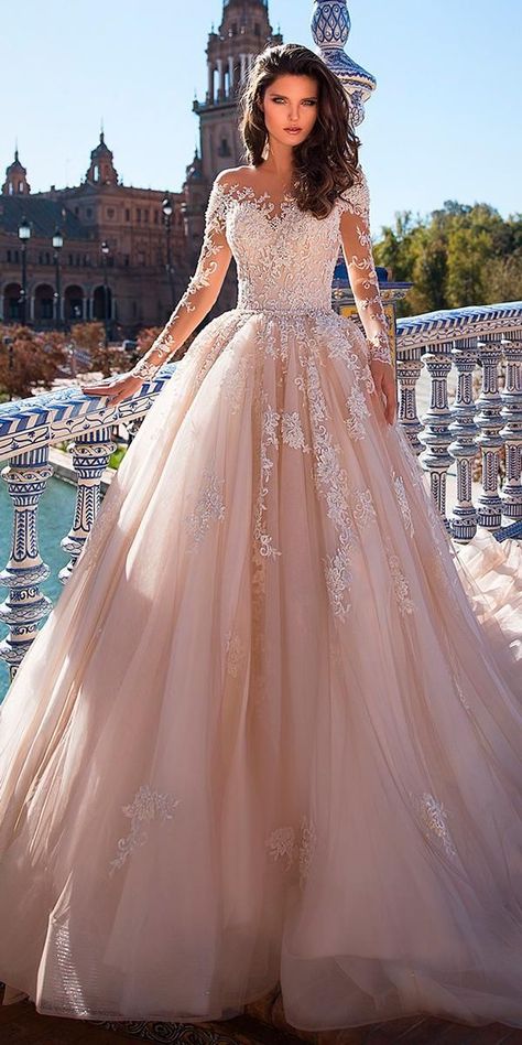 ball gown wedding dresses blush lace illusion long sleeves sweetheart neck with train giovanna alessandro Wedding Braid, Wedding Event Dresses, Wedding Reception Ideas, Blush Wedding Dress, Reine Elizabeth Ii, Wedding Dress Guide, Wedding Apparel, Popular Gifts, Pink Wedding Dresses