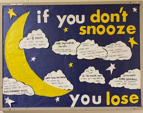 Sleep health RA bulletin board! Health Classroom Decor Bulletin Boards, Healthy Living Bulletin Board Ideas, Sleep Bulletin Board Ideas, School Health Office Bulletin Boards, Self Care Ra Bulletin Board, Wellness Ra Bulletin Boards, Sleep Bulletin Board, Pediatric Bulletin Board Ideas, Ra Dorm Room Ideas Resident Assistant