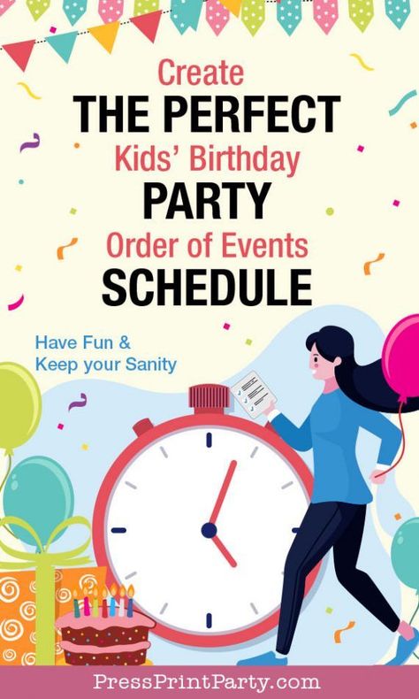 PERFECT KIDS BIRTHDAY PARTY SCHEDULE - Create the perfect timeline for the day of your event. Write down the best order of events for your kid's birthday party. Have fun and keep your sanity. Part of my party planning posts, comes with a checklist and a free printable template. Lots of ideas and tips that work for any theme. Great guide on how to plan your party the day of. Go check out Press Print Party for lots more party tips and the ULTIMATE BIRTHDAY PARTY PLANNER & workbook. 1st Birthday Timeline, Toddler Birthday Party Checklist, Birthday Party Schedule, Kids Birthday Party Checklist, Three Birthday Cake, Birthday Timeline, Birthday Party Planner Printable, Party Planning Timeline, Kids Birthday Party Planner