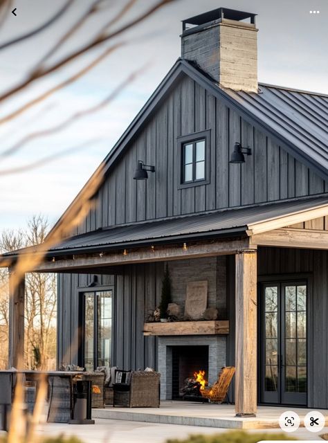 One Floor Modern Farmhouse, A Frame Porch Ideas, Farmhouse Exterior Paint Ideas, Small Farmhouse Barndominium, Black Farmhouse Interior Design, Barndominium Front Porch Ideas, Barndominium Addition To House, Most Affordable House To Build, Unique Exterior Design