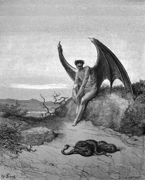 Satan Isn’t Hell’s Ruler, He’s Its First Prisoner Snake Engraving, Paradise Lost Book, John Milton Paradise Lost, Milton Paradise Lost, Angel Falls, Art Noir, Paradise Lost, Gustave Dore, Ange Demon