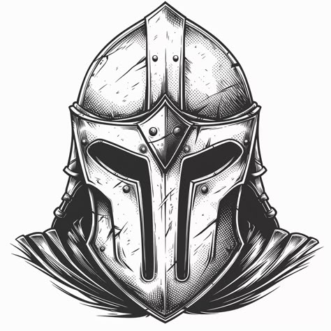 Midjourney AI Image: A black and white comic book illustration of a front-facing medieval helmet, clean and sharp against... → more in ai-img-gen.com Knight Helmet Tattoo Design, Knight Helmet Illustration, Warrior Helmet Drawing, Fantasy Helmet Art, Medieval Helmet Design, Viking Helmet Drawing, Knight Helmet Art, Knight Helmet Drawing, Helmet Design Sketch