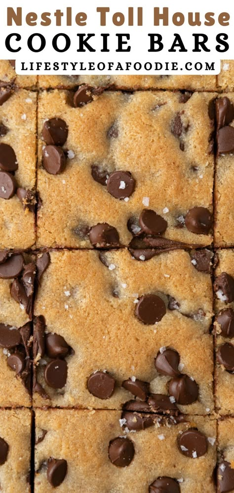 This Nestle Toll House cookie bar recipe is so simple yet so delicious you will not believe it can be made in no time. It makes soft and chewy chocolate chip cookie bars and doesn’t require you to waste too much time rolling individual cookies. With just a handful of simple ingredients you can have this easy recipe ready for your and your family to enjoy asap! Nestle Chocolate Chip Cookie Recipe Bars, Chocolate Chip Pan Cookies Toll House, Easy Desserts With Basic Ingredients, 9 X 13 Chocolate Chip Cookie Bars, Chocolate Chip Recipes Easy No Bake, Bar Cookie Recipes For A Crowd Sheet Pan, Chocolate Chip Cookies Bars 9x13, Choc Chip Bars Easy, Nestle Chocolate Chip Cookie Bars