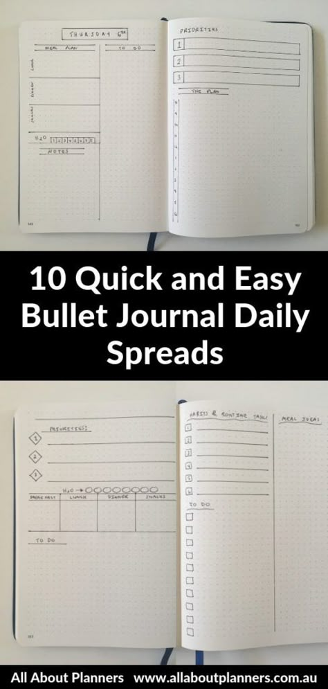 10 Quick and Simple Bullet Journal Daily Layouts Time Blocking Bullet Journal, Bullet Journal Day Layout, Daily Bullet Journal Layout Ideas, Daily Bujo, Minimal Bujo Spreads, Daily Journal Template Layout, Journal Designs Layout, Bullet Journal Daily Layout, Journal Daily Layout