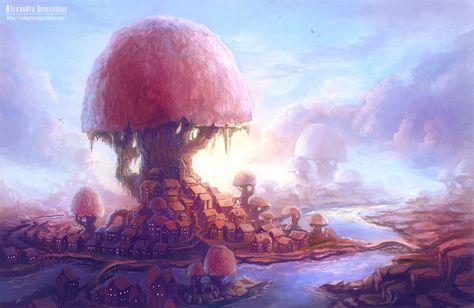 Mushroom city by Sedeptra Mushroom City, Mushroom People, Digital Concept Art, Fantasy Environment, Mushroom Houses, Mushroom House, Fantasy Setting, Fantasy Places, Mushroom Art