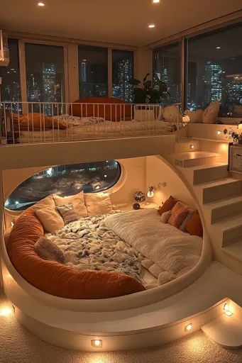 ↑↑↑ Larger size on website 🔸 The image shows a cozy and modern bedroom with a circular bed in a loft setting. The bed is surround Round Bed For Kids, Round Bed Frames, Corner Circle Bed, Circle Mattress Round Beds, Fun Bed Ideas, Circle Beds Aesthetic, Dream Room Inspiration Minimalist, Bedroom Ideas For Small Rooms Bunk Beds, Circular Bedroom Design