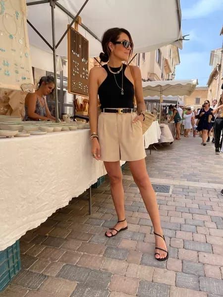 How To Style Celine Belt, Tailored Shorts Outfit Women Casual, Women Summer Holiday Outfits, Cream Tailored Shorts Outfit, Tan Celine Belt Outfit, Khaki Trouser Shorts Outfit, Neutral Shorts Outfit, Beige Trouser Shorts Outfit, Linen Trouser Shorts Outfit