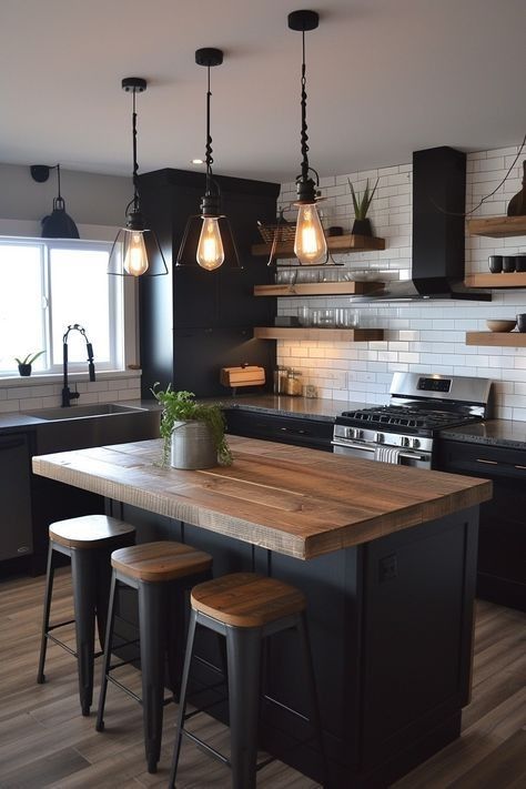 Dapur Rustic, Black Kitchen Design, Model Dapur, Black Kitchen Cabinets, Industrial Kitchen, Black Cabinets, Kitchen Inspiration Design, Black Kitchens, Kitchen Remodel Idea