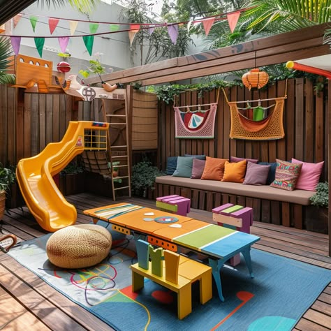 Garden With Playground, Outdoor Kids Play Area Diy, Outside Toddler Play Area, Kids Area In Garden, Daycare Backyard Ideas, Patio Play Area Kids, Play Grounds For Kids, Patio Kids Play Area, Kids Patio Play Area