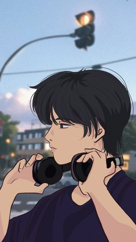 Anime manhwa boy putting on headphones Headphones On Neck Reference, Wearing Headphones Reference, Boy With Headphones Drawing, Wearing Headphones Drawing Reference, Headphones Around Neck Drawing, Holding Headphones Pose, Holding Microphone Reference, Headphones Pose, Headphones Reference