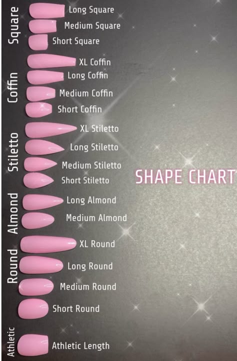 Acrylic Nail Designs Shapes, Acrylic Nail Styles Shape, Nails Chart Shape, Acrylic Nail Length And Shape Chart, Gel Nail Styles Shape, Nails Acrylic Size Chart, Acrylic Nails For January Simple, Nails 2023 Trend Colors, Nail Inspo Shape