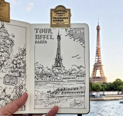 Sketch Book Travel, Travel Journal Sketches, Travel Sketch Book, Scratchy Drawing, Croquis Architecture, Fineliner Drawing, Sketchbook Architecture, Eiffel Tower France, Ink Sketchbook