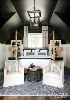 MODERN BEDROOM DECOR | Black walls contrasts with white decor accessories | www.bocadolobo.com #modernbedroom  #bedroomideas Small Bedroom Makeover, Attic Bedroom Ideas, Dark Accent Walls, Modern Home Decor Bedroom, Bedroom Dark, Attic Bedroom Designs, Attic Ideas, Bedroom Minimalist, Attic Room