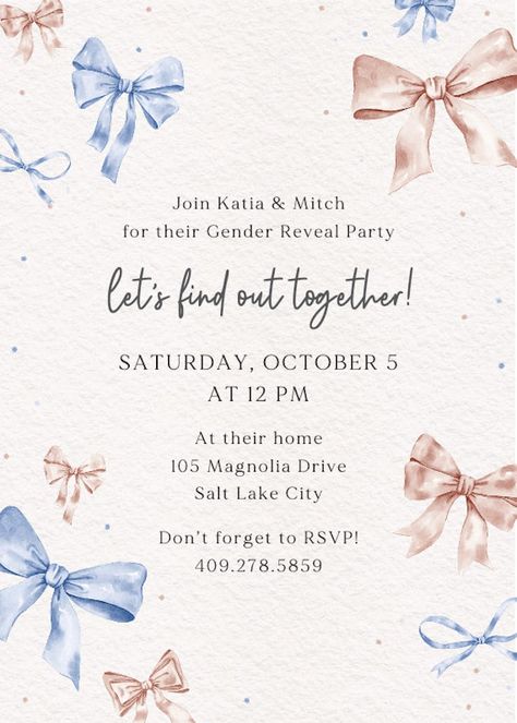 Painted Bows - Gender Reveal Invitation Template (Free) | Greetings Island Gender Reveal Ideas For Party Invitation, Save The Date Gender Reveal, Gender Reveal Party Invitations Template, Gender Reveal Invites Template, Gender Reveal Invite Ideas, Gender Reveal Invitation Ideas Template, Gender Reveal Cards Invitations, Gender Reveal Simple Ideas, Gender Reveal Ideas Invitations