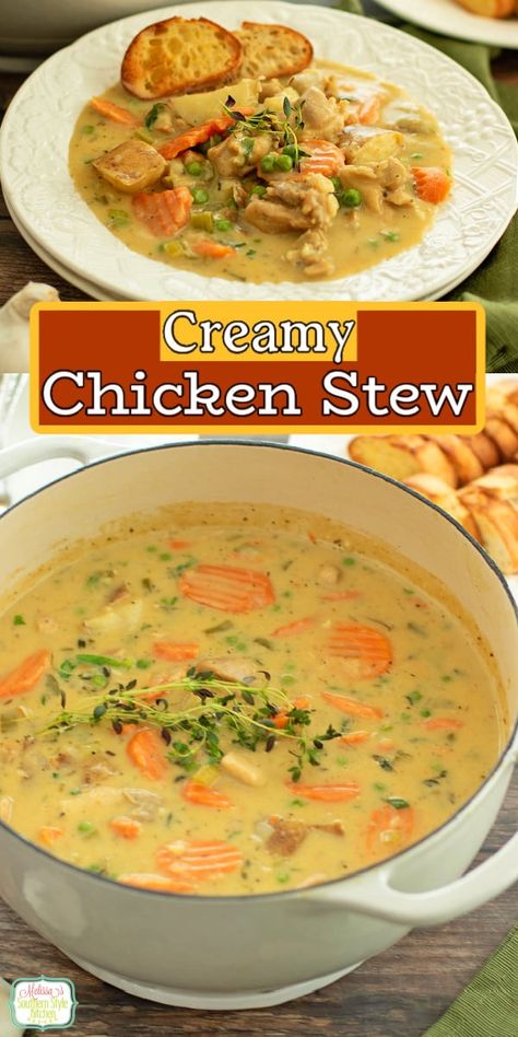 This easy Chicken Stew Recipe is filled with warm and hearty flavors that the whole family will love! #chickenstew #chickenrecipes #chickenthighs #southernrecipes #easychickenrecipes via @melissasssk Hearty Chicken And Vegetable Stew, Best Chicken Stew Recipe, Homemade Chicken Stew, Chicken Thighs And Veggies, Chicken Stews, Easy Chicken Stew, Creamy Chicken Stew, Stew Recipes Crockpot, Hearty Soups And Stews