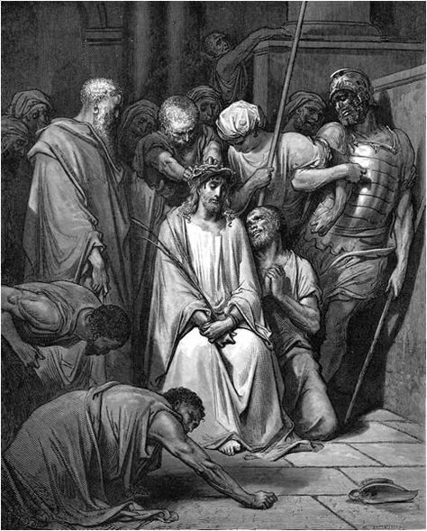 THE CROWN OF THORNS They stripped him, and put a scarlet robe on him. They braided a crown of thorns and put it on his head, and a reed in his right hand; and they kneeled down before him, and mocked him, saying, “Hail, King of the Jews!” They spat on him, and took the reed and struck him on the head. MATTHEW 27:28-30 Paul Gustave Doré, Phillip Medhurst, Gustavo Dore, Bible Prints, Gustave Dore, Jesus Heals, Bible Illustrations, Luke 1, Dante Alighieri