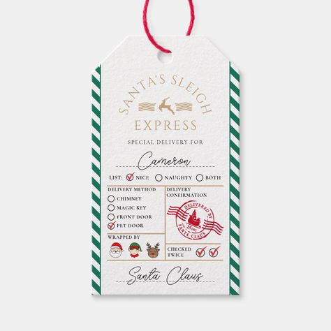 Green Santa's Sleigh Express Special Delivery Gift Tags Oreo Gift Tag, From Santa Gift Tags, Name Tags Ideas, Christmas Ticket, Name Tag Christmas, Santa Gift Tag, Sick Gift, Kids Christmas Ideas, Christmas Name Tags