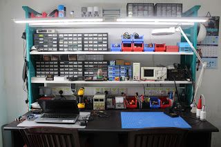 Electronics Workbench ~ GSmicro Computer Repair Workbench, Electronics Lab Workbenches, Electronics Workspace, Electronics Bench, Electronics Workbench, Work Bench Ideas, Workbench Ideas, Classroom Interior, Electronic Workbench