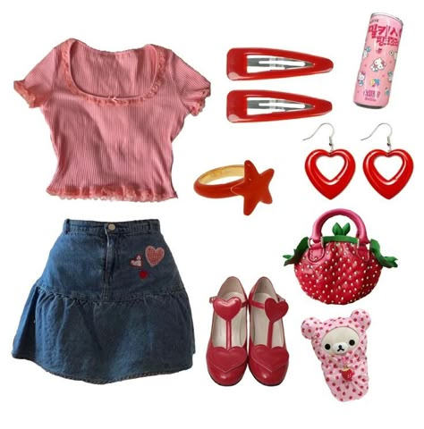 Strawberry Aesthetic Outfit, Lovecore Aesthetic Outfit, Lovecore Outfits, Red And Pink Outfit, Lovecore Fashion, Strawberry Shortcake Outfits, Coquette Red, Strawberry Outfit, Strawberry Girl