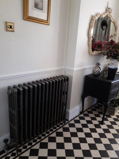 Cast Iron Radiator Hallway, Black Cast Iron Radiator, Hallway Radiators, Industrial Radiator, Georgian Decor, Old Farmhouse Remodel, Vintage Radiator, Victorian Radiator, Surrey House