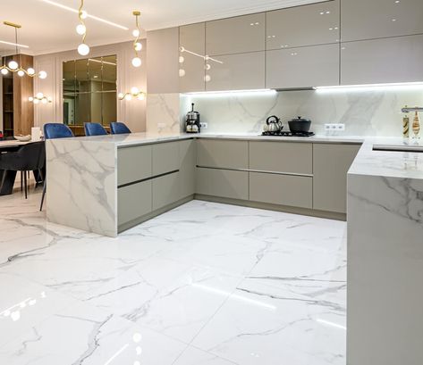 Kitchen Lighting Layout, Marble Tile Kitchen, Marble Floor Kitchen, European Kitchen Cabinets, Marble Flooring Design, White Marble Kitchen, Серая Кухня, White Marble Floor, Floor Tile Design