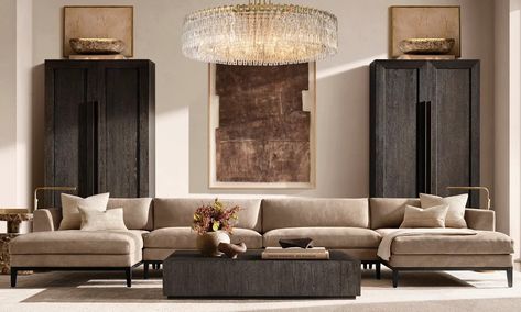 Rooms Living | RH Rh Modern Living Rooms, Rh Living Room Ideas, Rh Inspired Living Room, Rh Living Room, Restoration Hardware Living Room, Tribune Tower, Finish Work, Coffee Table Ideas, Rh Modern