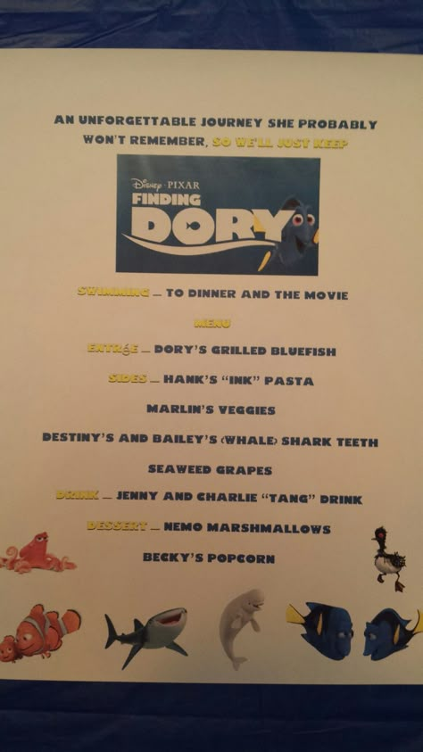 Disney Dinner Nights #107 - Finding Dory Finding Dory Dinner And A Movie, Finding Dory Food Ideas, Finding Dory Movie Night, Disney Movie Themed Food, Disney Dinner And Movie Night, Movie Night Disney, Disney Movie Themed Dinner, Disney Dinner And A Movie, Finding Dory Movie