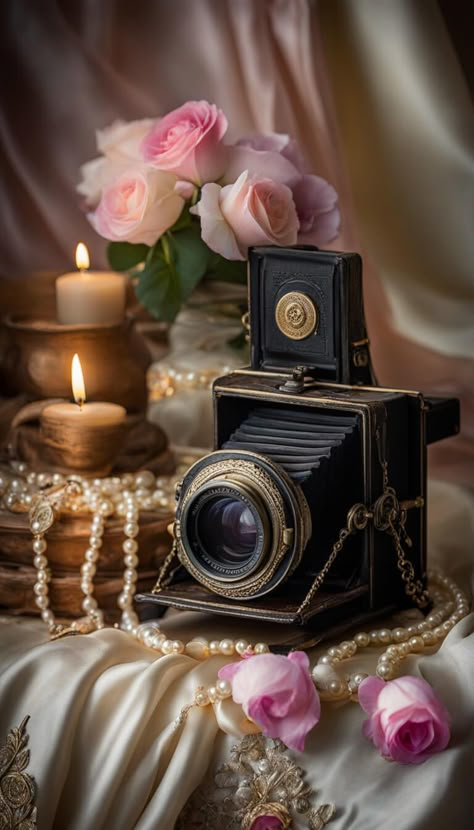 Old camara from the 19th century in a elegant vintage decoration - AI creation Vintage 40s Aesthetic, Vintage Astethic, Asthetic Picture Wallpaper Vintage, Vintage Camera Aesthetic, 40s Aesthetic, Alice In Wonderland Teapot, Random Products, Vintage Still Life, Victoria Magazine