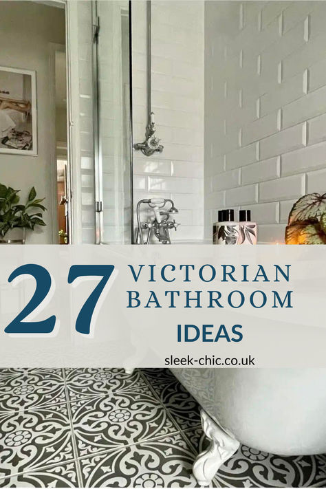 Transform your bathroom into a grand Victorian retreat with our guide to 27 stunning design ideas, each offering a unique take on moody vintage aesthetics. Dive into our guide for inspiration on using ornamental patterns, classic tilework, and period lighting to craft a space with old-world charm. 1890 Bathroom Ideas, London Bathroom Design, Bathroom Ideas For Old Houses, Classic Tiled Bathrooms, Navy Victorian Bathroom, Victorian Wetroom, Good Bathroom Fixtures, Small Colonial Bathroom Ideas, New Home Bathroom Ideas Interior Design