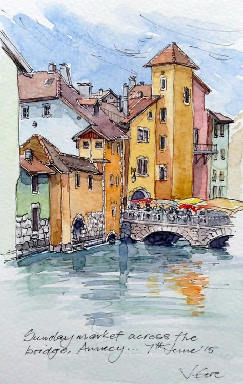 Sunday Market, Annecy France, Line And Wash, Pen And Wash, Watercolor Architecture, Urban Sketches, Urban Sketch, Travel Sketches, 수채화 그림