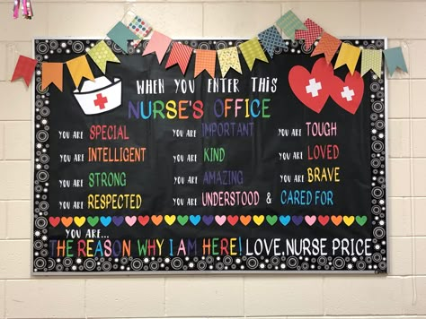 School Nurse Bulletin Board Nurse Bulletin Board Ideas, School Nurse Decorations, School Nurse Bulletin Boards, School Nurse Office Ideas, Nurse Decorations, Nurse Office Ideas, School Nurse Elementary, School Nurse Door, Office Bulletin Board Ideas