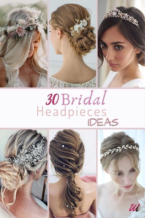 It’s all about bridal style! From head to toe. those small details, bridal accessories tie the bridal look all together. Check out my 30 bridal headpiece idea blog post and find your bridal look.  Amazing wedding hair accessories for every bride hairstyles from floral, crowns, crystal headband, half up half down, curly hair, down hairstyles, and updo, inspirations for wedding headpieces and hair jewelry that will fit perfectly to boho chic, vintage, modern and classic bridal dress. Best Wedding Hairstyles The Bride Half Up Half Down, Bride Hairstyles With Hair Piece, Bride Headpiece Forehead, Hair Piece For Bride, Bridal Headpieces Hair Styling Tools, No Veil Wedding Hair Headpieces, Updos With Hair Pieces Bridal Headpieces, Bride Head Pieces, Hairstyles With Accessories Headpieces