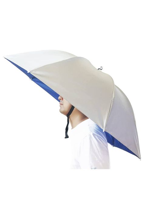 A large, hands-free umbrella that you wear on your head to protect your head, neck, and shoulders from the sun and rain. Umbrella Hat, Sun And Rain, House Stuff, Your Head, Hands Free, Umbrella, The Sun, Sun, Hats