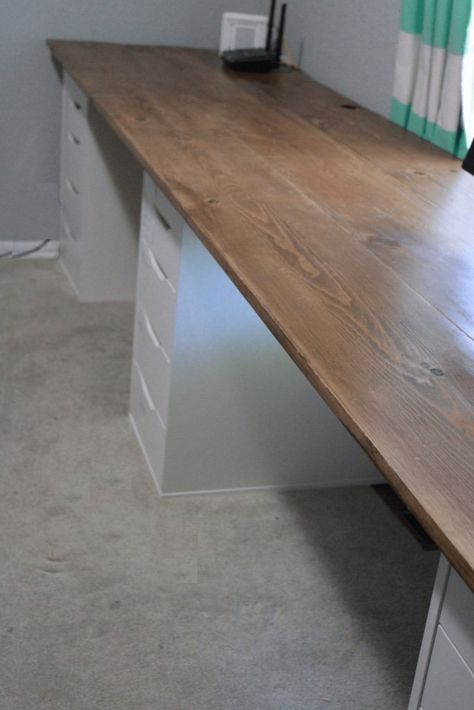 Plywood Desk Top Home Office, Diy Desk With Butcher Block Top, Reclaimed Desk Top, Build Your Own Desk Diy, Diy Large Office Desk, Diy Wood Top Desk, How To Make A Wood Desk Top, Long Wall Desk Diy Home Office, Butcher Block Desk With Filing Cabinets