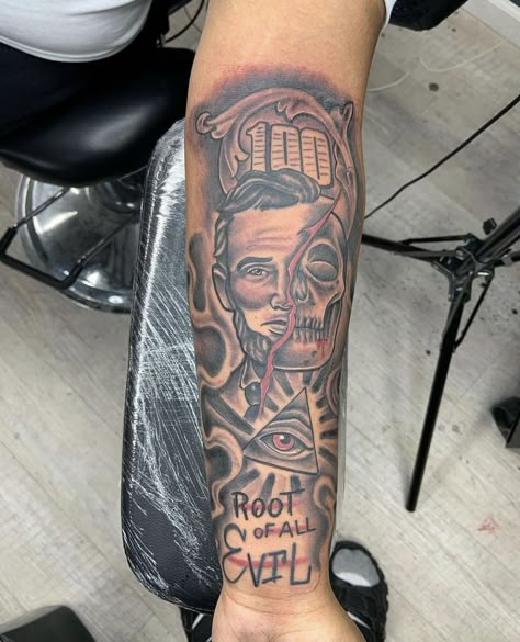 Meanful Tattoos For Men, Money Is The Root Of All Evil Tattoo, Raw Tattoo Design For Men, Black Male Tattoos Forearm, Risk Taker Tattoo Men, Half Hand Tattoo, Skeleton Forearm Tattoo, Thug Tattoos Men, Leg Sleeve Tattoo Male Black