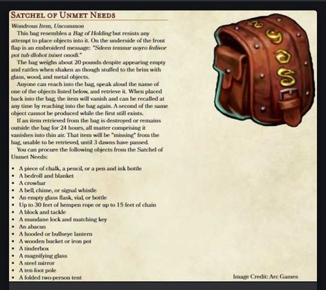 Bag Of Holding Dnd, Unmet Needs, Dm Ideas, Homebrew Items, Rpg Items, Bag Of Holding, Dnd Magic Items, Dnd Things, First Day At School