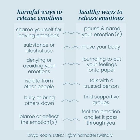 Divya Robin | Licensed Psychotherapist on Instagram: "Emotions are an inevitable part of being human and with that, many of us struggle to know "how" to release them. Without even realizing it, we may be releasing them in ways that are harmful to our long-term mental health. The reason we end up releasing emotions in an unhealthy & harmful way is that as a society, we don't talk about HOW to release emotions in a healthy way. Especially for certain populations/groups, talking about mental healt Releasing Emotions, Release Emotions, Working On Me, Mental Health Facts, Being Human, Emotional Awareness, Group Therapy, Mental Health Support, Emotional Regulation