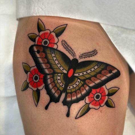 Traditional Butterfly And Flower Tattoo, American Tradition Butterfly Tattoo, American Style Butterfly Tattoo, Traditional Style Moth Tattoo, American Traditional Moth Tattoo Color, Traditional Wasp Tattoo, American Trad Butterfly, American Trad Animal Tattoo, Traditional Moth Tattoo Color