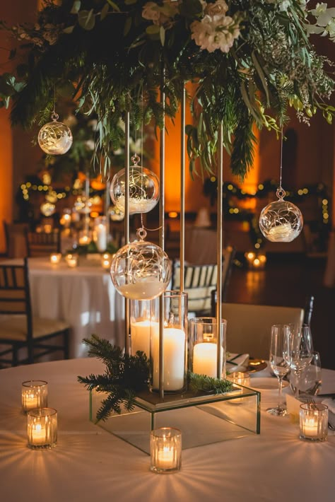 Hanging Lights Centerpiece, Indoor Nature Wedding Decor, Lights And Candles Wedding Decor, Hanging Orbs Wedding, Green Table Centerpieces Wedding, Branch Centerpieces Wedding Winter, Glass Orbs Wedding, Nature Centerpieces Wedding, Wedding Hanging Centerpieces