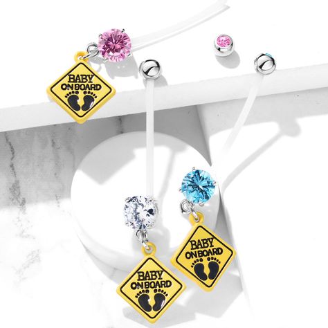 Double Jeweled Prong Set Round CZ with Baby on Board Sign Dangle Pregnancy Belly Rings Bioflex with 316L Surgical Steel Balls (NPG-1016)   - Wholesale only ✈️Ships worldwide 📧 info@hbjus.com 📞1-866-425-2665 - #piercings #bellyrings #bodyjewelry #jewelry #fashion Pregnant Belly Button, Maria Tash Earrings, Opal Belly Ring, Pregnancy Belly Rings, Pregnancy Belly, Gold Belly Ring, Navel Jewelry, Baby On Board, Silver Nose Ring