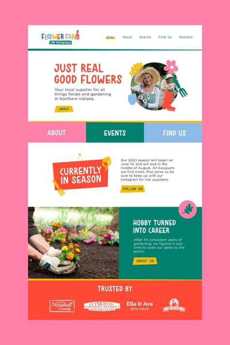 This homepage website design, created for Flower Farm on Redwood, is bright and fun and matches their branding all around. Using their garden doodles to compliment imagery and graphics helps add unique touches to this website design. Websites For Kids, Website Banners Design, Flowers Website Design, Stationery Website Design, Homepage Ideas, Friendly Website Design, Community Website Design, Web Design Business, Gardening Website